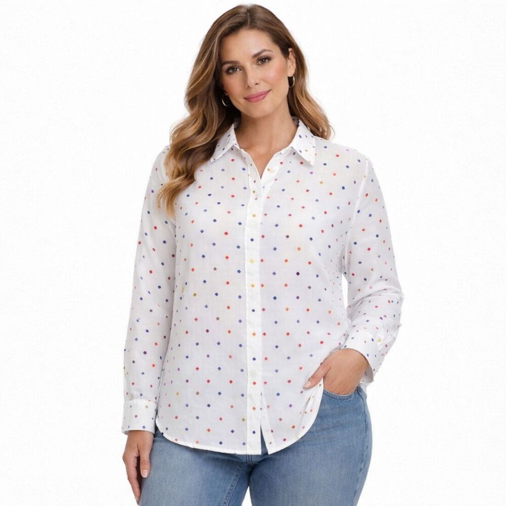 Talbots Cotton Button Sown Shirt Size Large Embroided Polka Dots LW